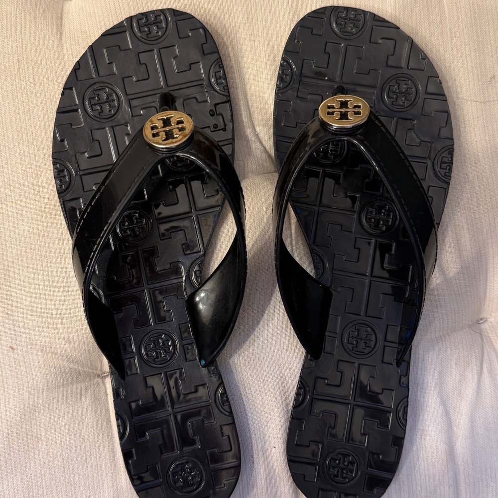 Tory Burch Black Sandals with Gold Emblem